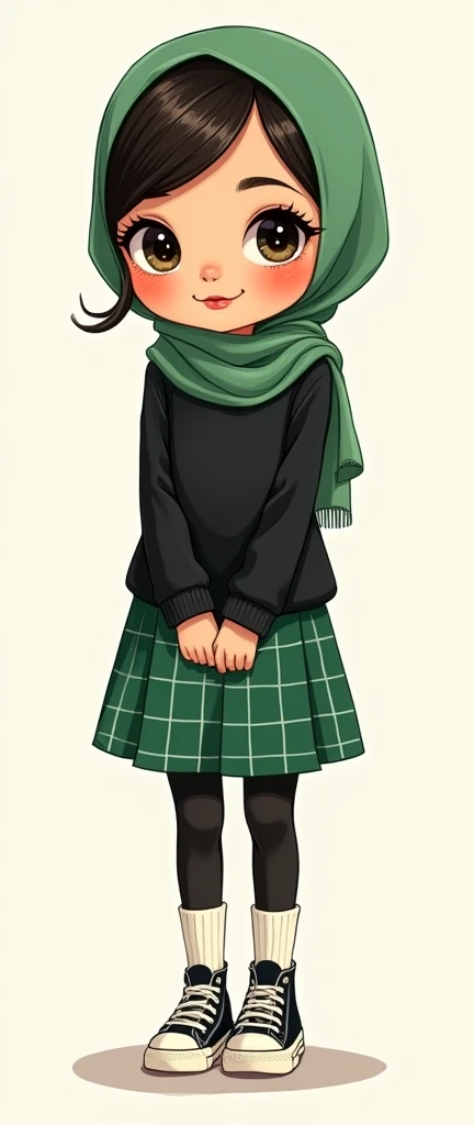Cartoon with text:
(Masterpiece, best quality, 4k, expressive eyes, perfect face), cute and adorable girl, little cartoon girl, (beautiful face, detailed eyes), wearing green hijab, (flat style,, hand drawn style, 2d style, Cartoon artstyle, toon style), (tight black turtleneck sweater, green plaid skirt, black pantyhose, loose white socks, long sneakers, (full body view, funny pose)
