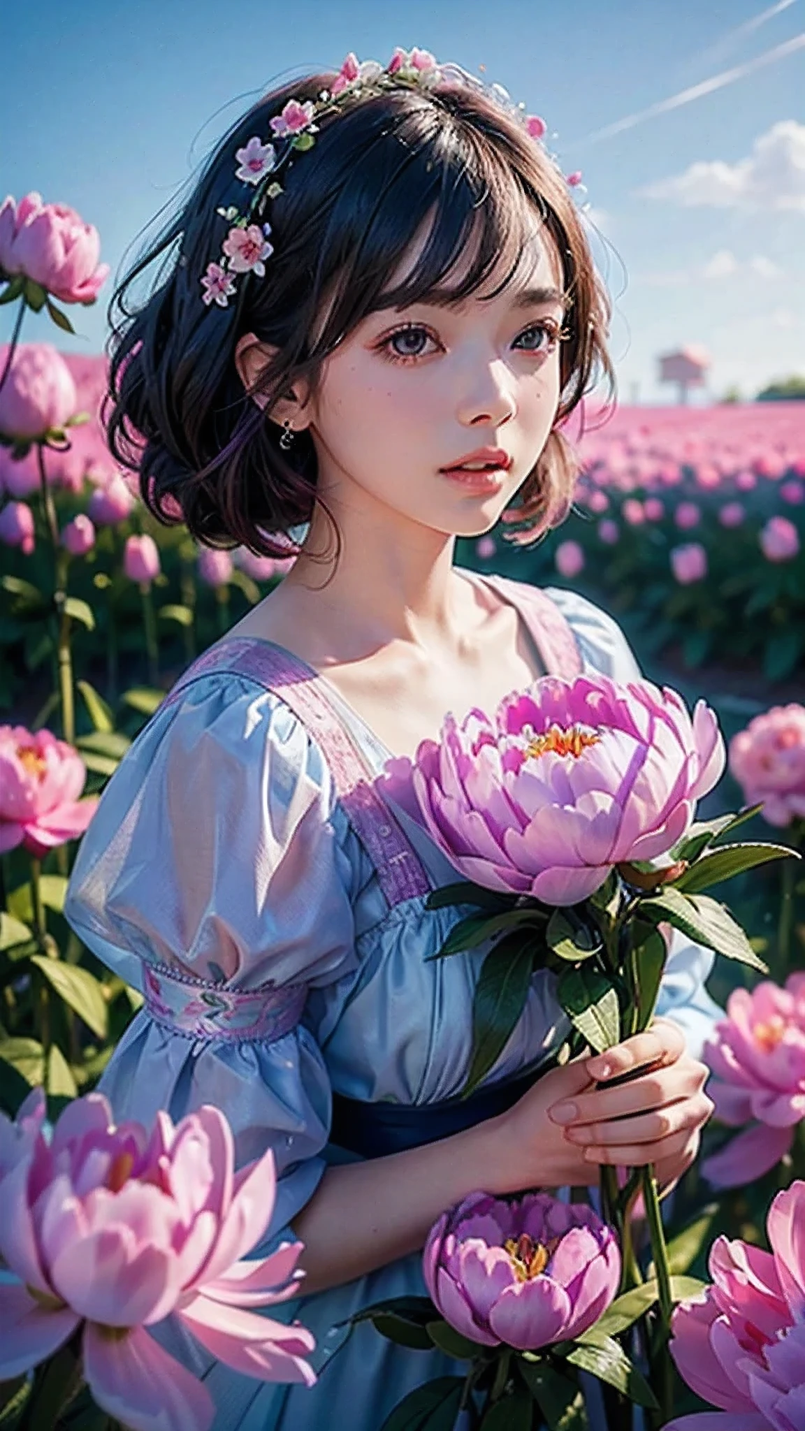 a field of blooming peony flowers, beautiful detailed pink and violet peonies, vibrant blue background, hyper-realistic 3d octane render, highly detailed digital painting, vivid bright colors, sharp focus, trending on artstation, masterpiece, best quality, 8k