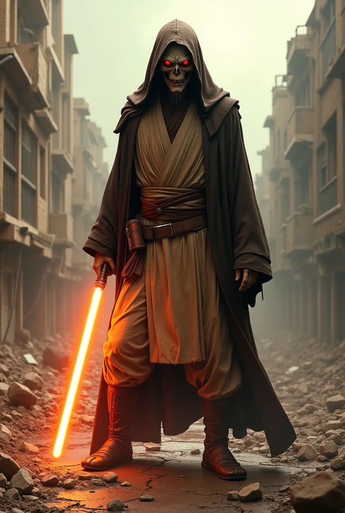 jedi obi-wan kenobi zombie with hood wielding an orange colored lightsaber in an apocalyptic scenario during the day 