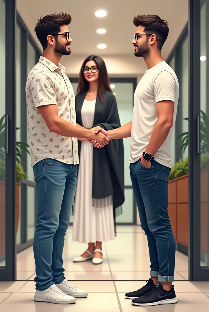 Two young men are waiting for their girlfriends in the reception area of the office. One young man is wearing a white printed shirt, jeans, white shoes and smart watch and the other one is wearing a white full sleeve T-shirt, jeans, glasses and black sneakers. His girlfriend comes there wearing a white Indian suit, black pallu, white shoes and specs. Then she shakes hands with both the boys.