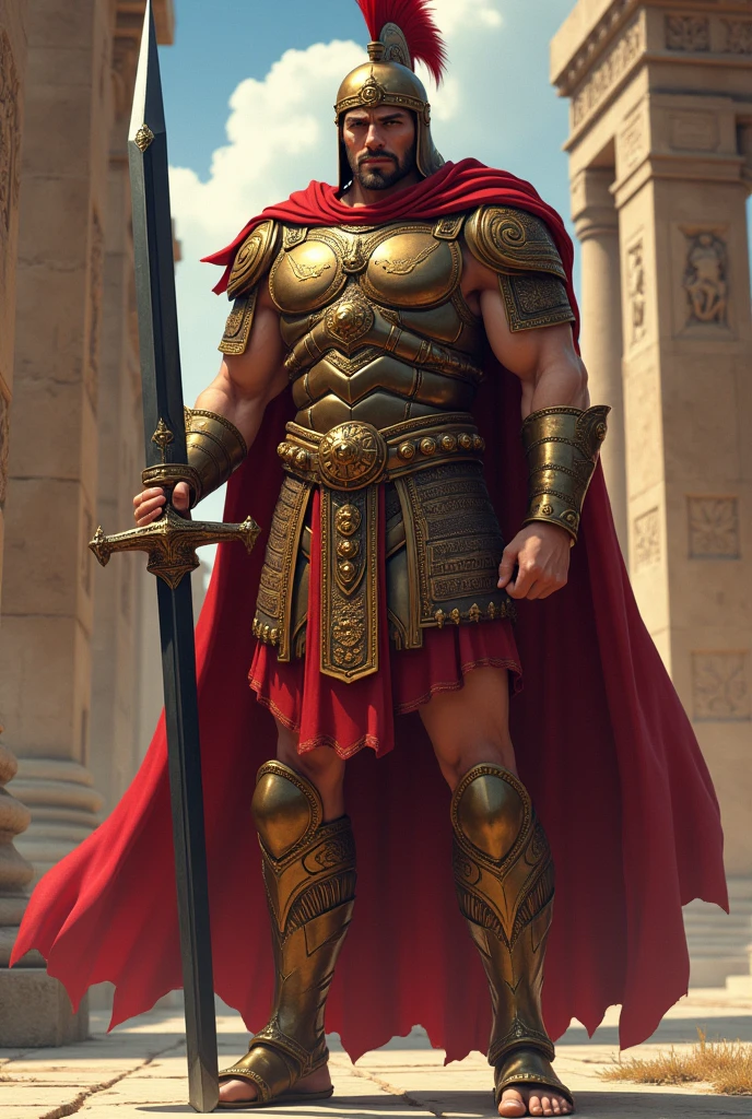 image of a Mycenaean warrior from ancient Greece holding a black-bladed sword, ((anime styling)), bronze armor with red vestments, maximum detail, best qualityer.         