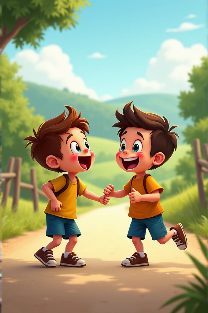 Tow friend , funny , boy , in road
