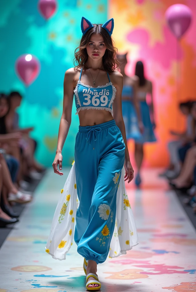 Give me an image of a girl with a lovely cat face walking the catwalk in a youthful blue outfit combined with white and yellow, on the costume there is the words Nha Dat 369, full body photo