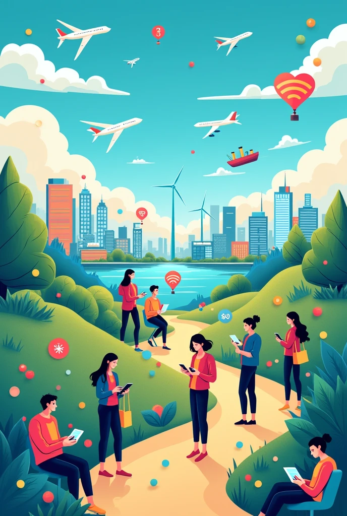 Poster Making about the theme "Youth Digital Pathways for Sustainable Develoment" including youths, social media icon, buildings icon, wifi and technology, wind mill, airplanes, sea with ships. Highlight the technology and social media