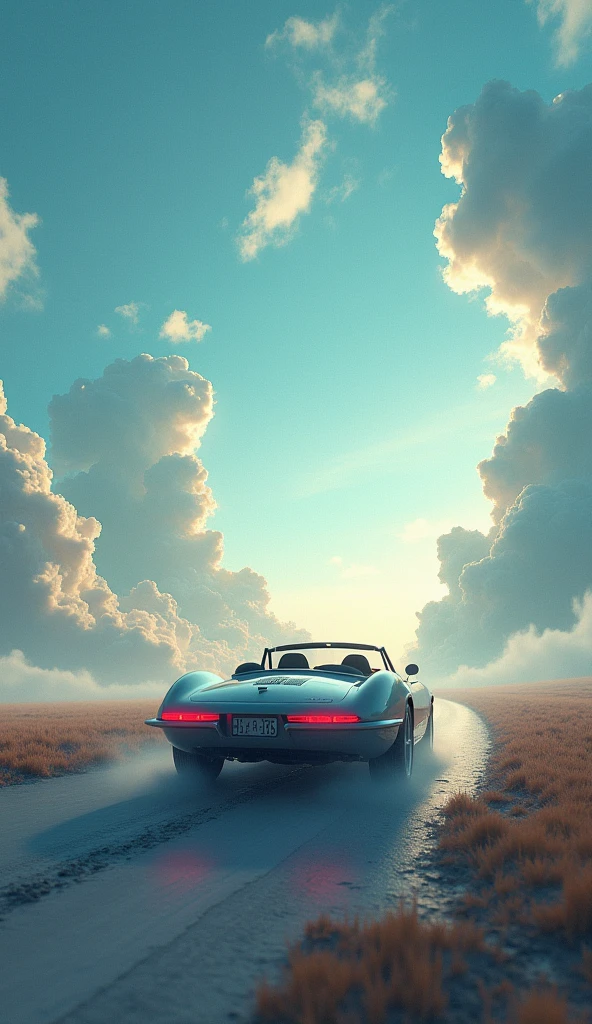 Highest quality,8k,Realistic,Extremely realistic scenery,An open car driving through the American wilderness,A fantastical otherworldly space where only the sky is,