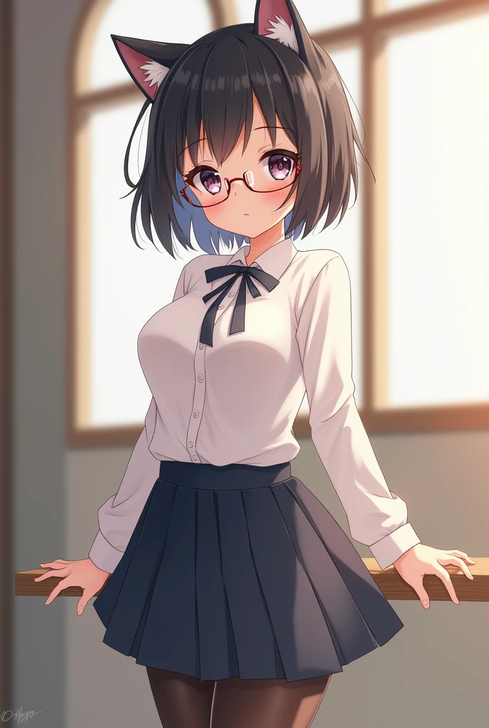 1 girl, glasses, blush, (nekomimi:1.2), (slim body:1.2), (huge breasts:1.1), (slender legs:1.1), black hair, short hair, school uniform, white long sleeve shirt, pleated skirt, (black tights:1.1),