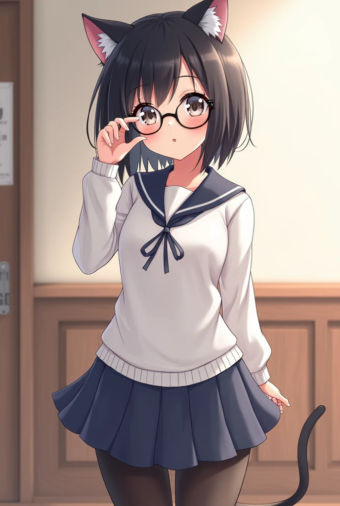 1 girl, glasses, blush, (nekomimi:1.2), (slim body:1.2), (huge breasts:1.1), (slender legs:1.1), black hair, short hair, school uniform, white long sleeve shirt, pleated skirt, (black tights:1.1),
