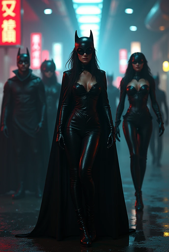 Arafi, dressed in black and with a cape, poses for a photo shoot, Amouranth as a super villain, A fascinating cyberpunk dark fantasy, Kylie Jenner(Catwoman), Gal Gadot plays the King of Hell, Emma Watson as Black Canary, Catwomanとしてのドージャ・キャット, Karen Gillan Batgirl, Amouranth, Maya Ali becomes a cyber magician, anigirl batman