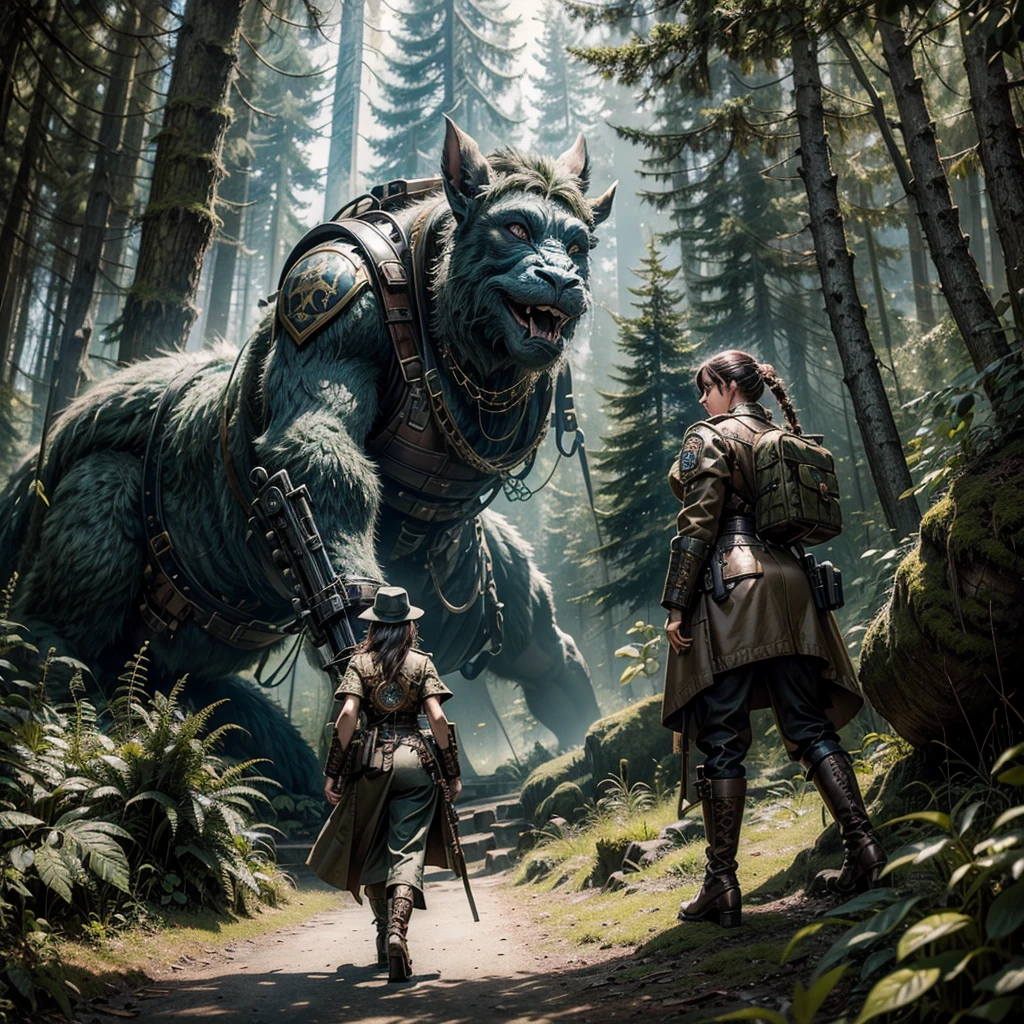 
a woman in a steampunk military uniform in an enchanted forest watches a giant troll in the distance heading towards her location, hyper-realistic, hyper-detailed, photo-realistic, intricate-details, high quality,8k