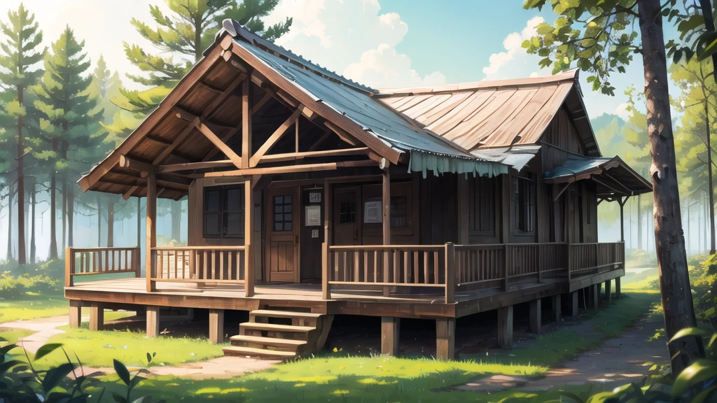 In the middle of the forest, daytime, hut