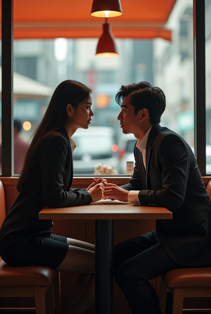 (Photorealism:1.2), Woman with indigenous traits, long hair, smooth and black, body like Paolla Oliveira, 1,60 tall, in business attire, sitting at a table in a restaurant in downtown Seoul talking intimately with a Korean man who looks very much like Jeon Jungkook, vestido in business attire.