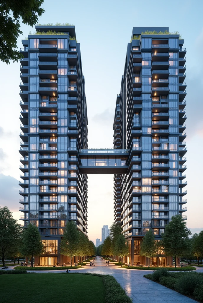 Two apartments named ace towers and are joint with a glass pathway and with a park