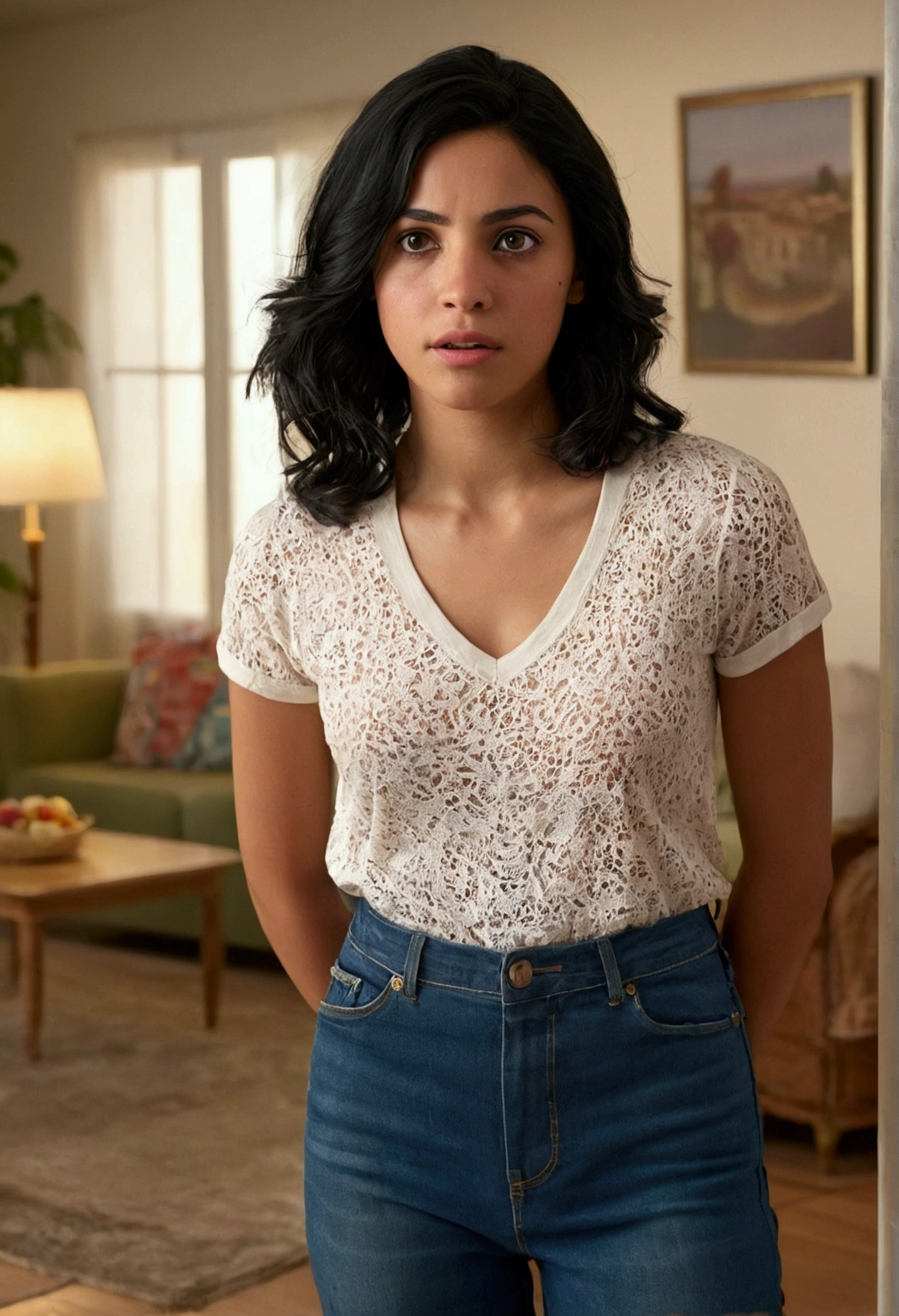 Create an image of a young woman with an innocent expression, black hair and olive skin. She is telling a funny story and facing the camera. Her entire body visible. Dressed in casual clothing. Latina Penelope Von Schweetz, standing in her living room, entire body visible, full body, hyperrealistic, best quality, 8K, real human skin, masterpiece, extremely intricate, medium closeup, detailed eyes, detailed face, detailed body, exaggerated features, pronounced features, skin and pores