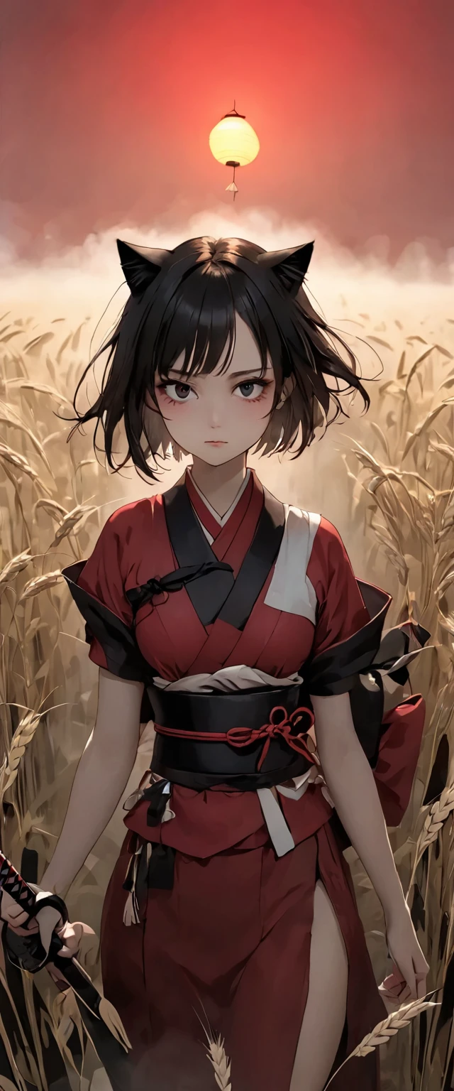A woman is wearing a samurai outfit of shiny scarlet silk。Lantern。Crouching。Messy red short hair。forehead。Cat ear。 White Wheat Field。A world of thick fog,。Bust Shot。Dark Eyes。clothes are blowing in the wind。Serious expression。Katana on the back。Many small lanterns are floating。alone。Neo Tokyo。Japan。Red Sky。Chiaroscuro,