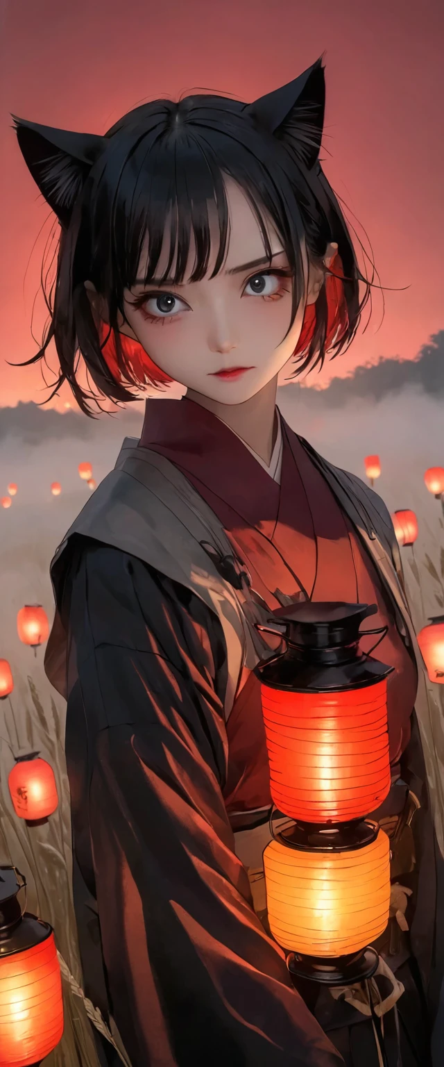 A woman is wearing a samurai outfit of shiny scarlet silk。Lantern。Crouching。Messy red short hair。forehead。Cat ear。 White Wheat Field。A world of thick fog,。Bust Shot。Dark Eyes。clothes are blowing in the wind。Serious expression。Katana on the back。Many small lanterns are floating。alone。Neo Tokyo。Japan。Red Sky。Chiaroscuro,