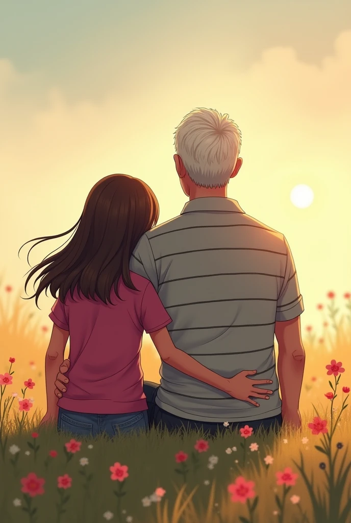 Create a tattoo design featuring a  girl and her grandfather sitting on a cut tree branch in an open field. Only their backs are visible, with the girl on the left side and the grandfather on the right. The grandfather is wearing a gray polo shirt with thin black stripes, while the girl is in a magenta shirt. The girl’s height does not reach up to her grandfather’s shoulder. Nearby, there are flowers and the sun. The girl’s straight hair extends to her elbows and appears slightly swayed by the wind on her left side. Make the girl a little smaller and a more like a baby. Make the girl like a small one that only reachers until the grandfather’s elbow.