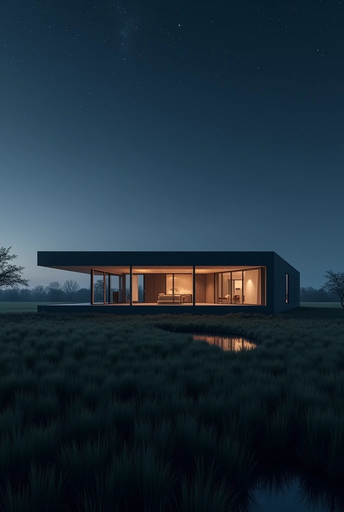 A modern house in a open grass place in night 