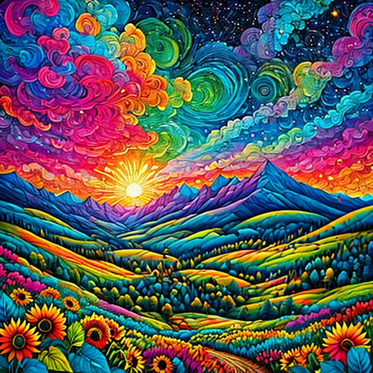 Masterpiece, best composition, dynamic composition, colorful landscape painting with sunflowers, trees and hills, colorful landscape painting, psychedelic landscape, vivid oil painting, vivid abstract landscape, color field painting. 8K, amazing colorful landscape, detailed impasto, colorful oil painting, psychedelic sky, mountains and colorful sun, painted landscape, colorful sky, hills with flowers, big trees on hills, summer day psychedelic, big colorful picture.