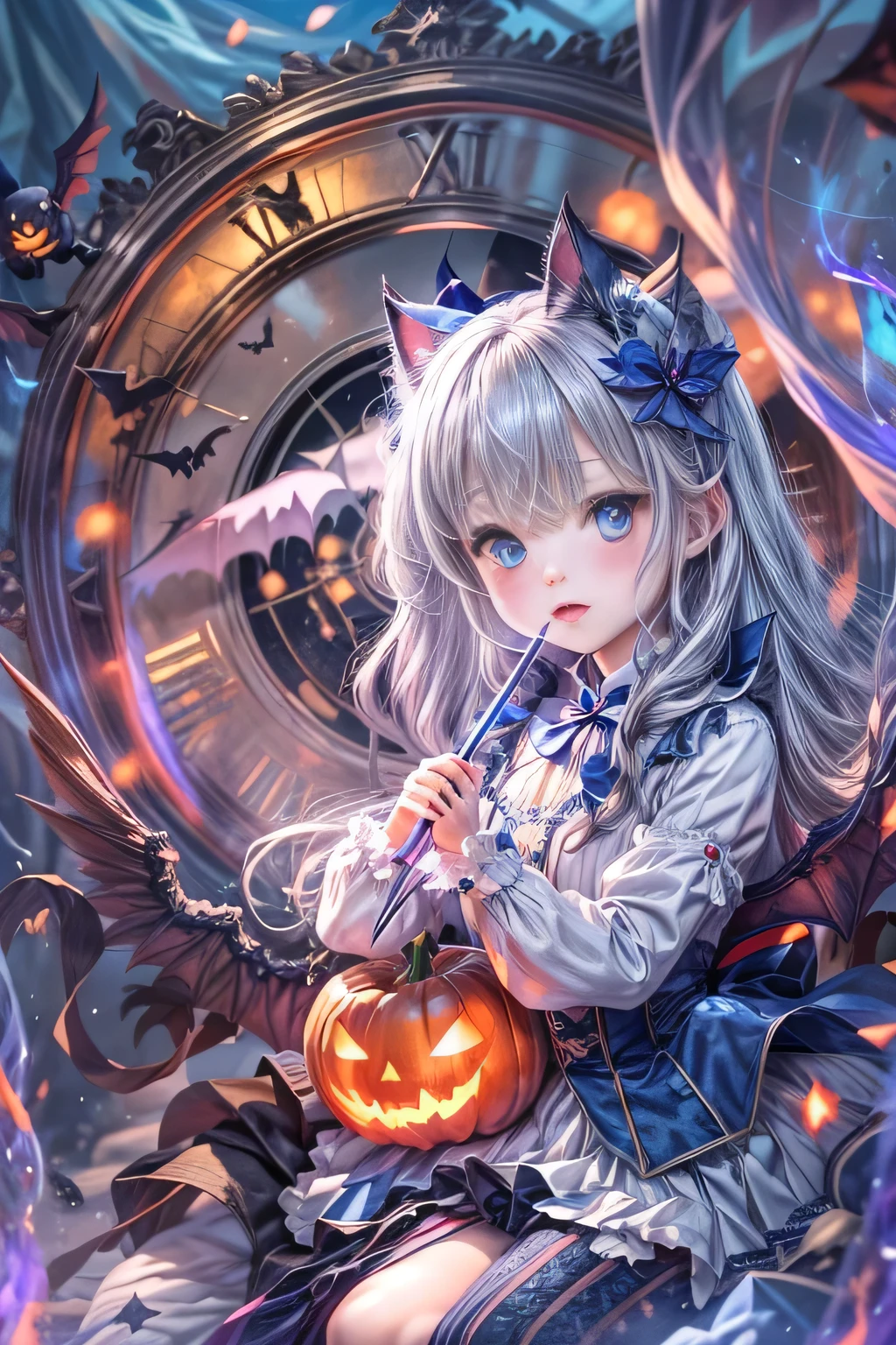 Japanese schoolgirl、Idol、A girl surrounded by a fantastic blue flame,Blue flame aura all over the body、Woman static electricity、Multiple blue fire balls、Halloween Costumes, Pointy hat、Decorated pumpkins with intricate haunted house motifs.((Illuminated shadow of a bat on a cloud))、Old clock tower、fantasy landscape、A blue light emanates from her chest and spreads through her veins、Blue Flame Fantasy、Halloween Master、((Glowing blue cat))、2Animals