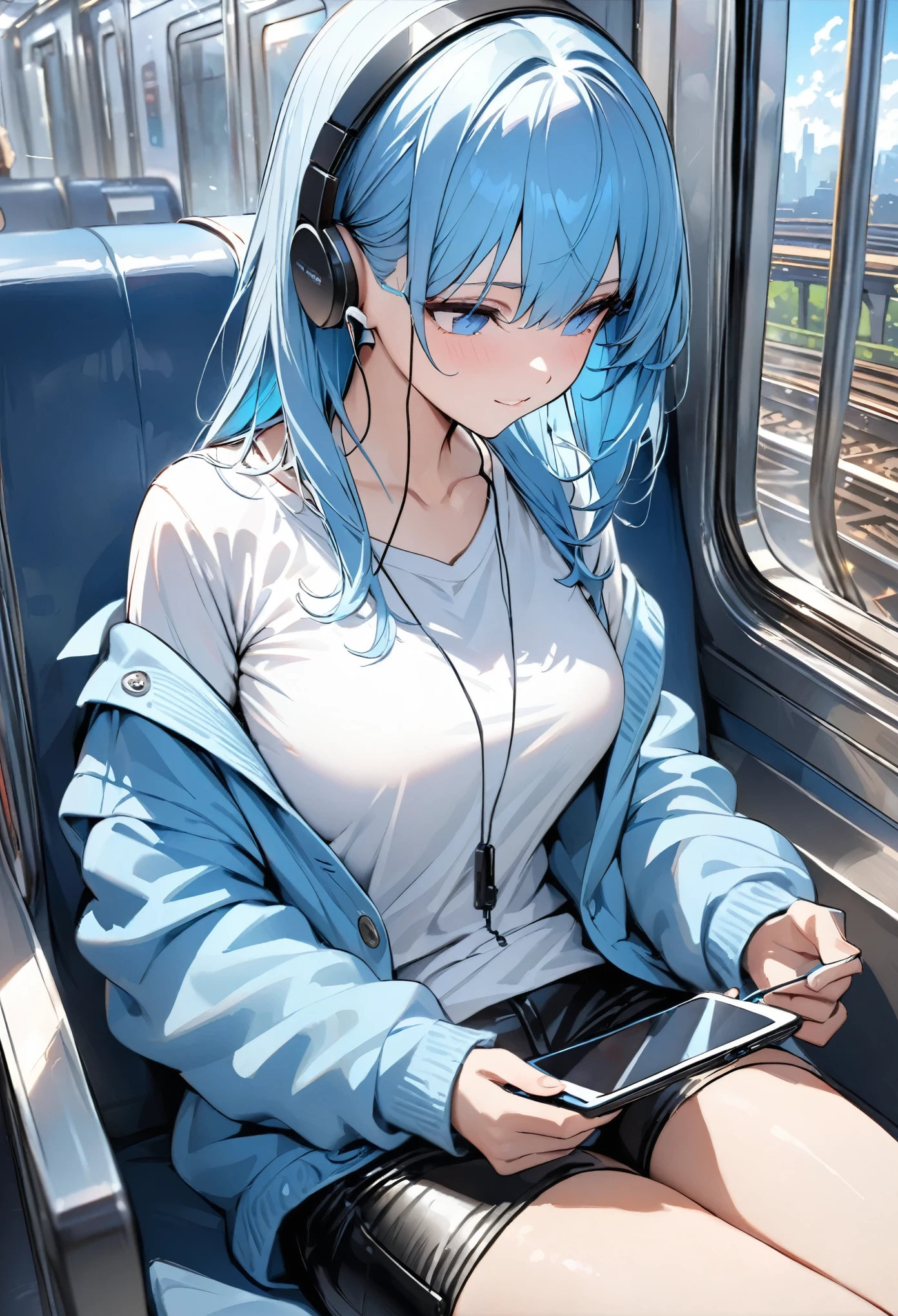 ((highest quality)), ((masterpiece)), (be familiar with), perfect face, Earphones connected to a smartphone, listening to music using earphones, operating a smartphone, White T-shirt, light cardigan, sky blue cardigan, leather pants, On the train