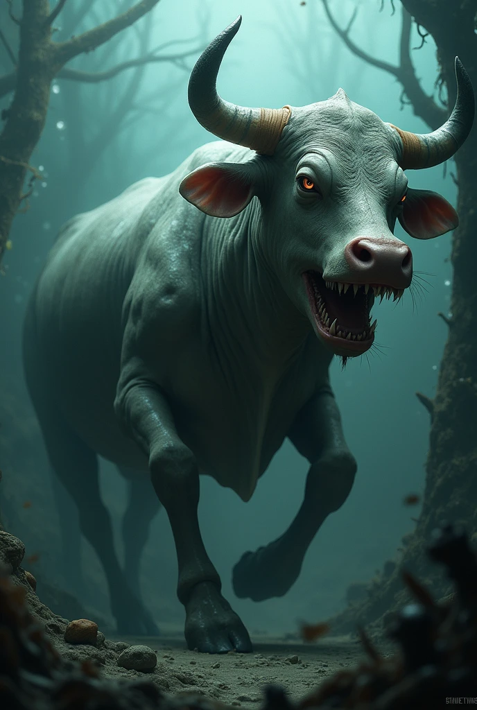 Scary shark in water with and cow head
