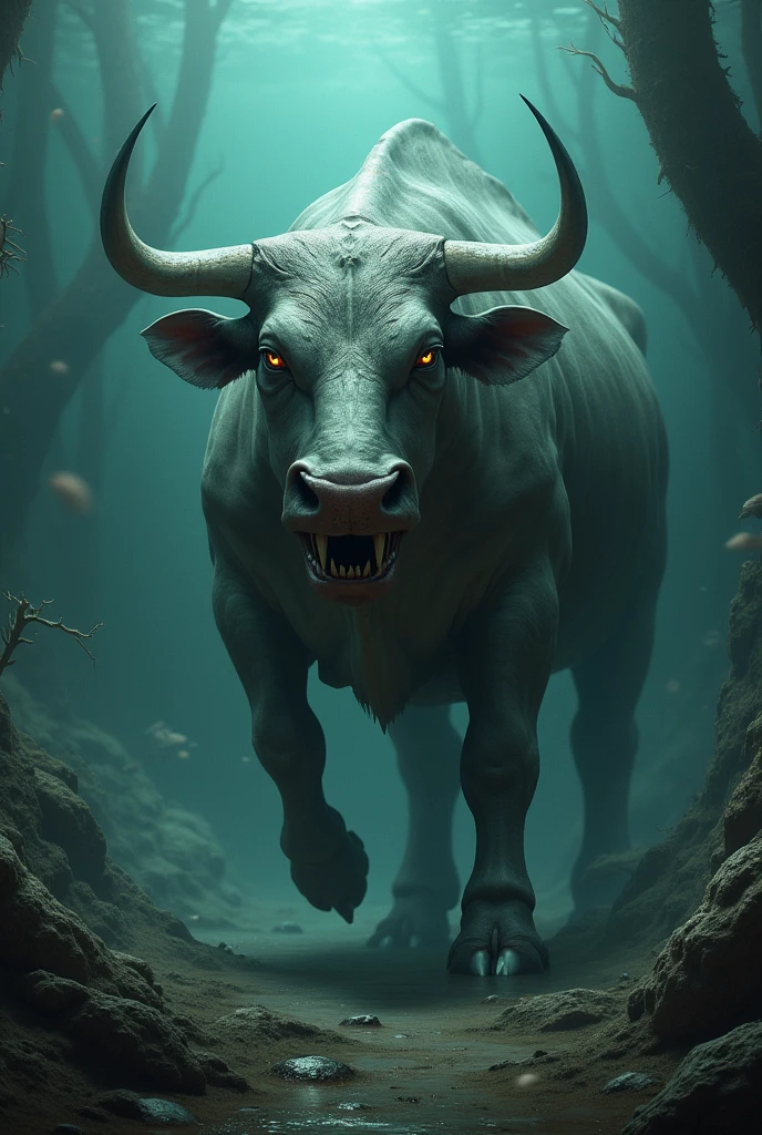 Scary shark in water with and cow head