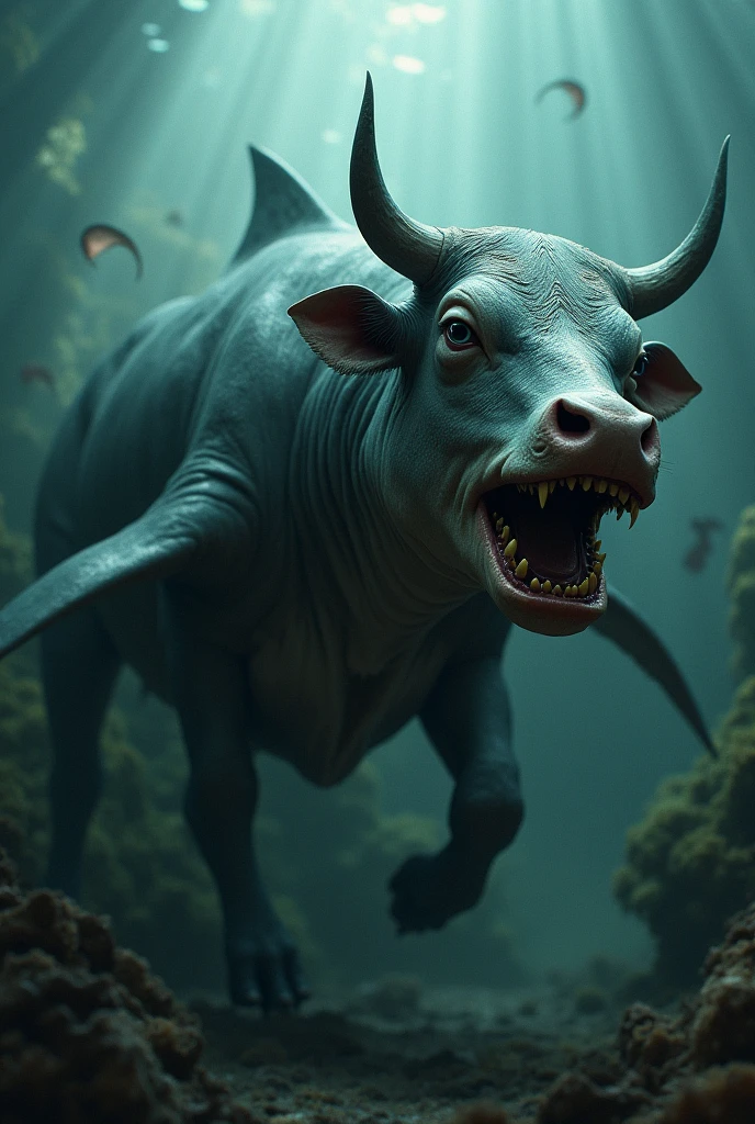 Scary shark in water with and cow head