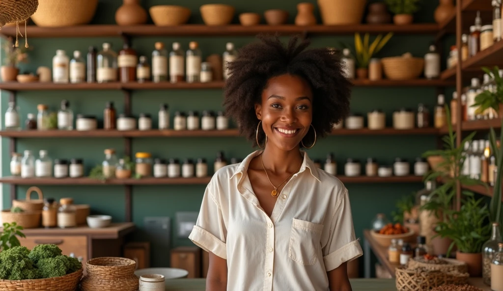A desktop background image of a Nigerian woman with natural health herbal products in pharmacy