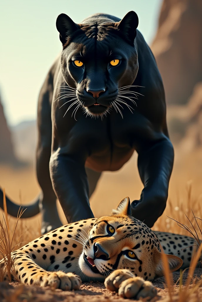Black panther versus Cheetah and black with defeated the Cheetah and Cheetah is dead and sleeping on the floor 