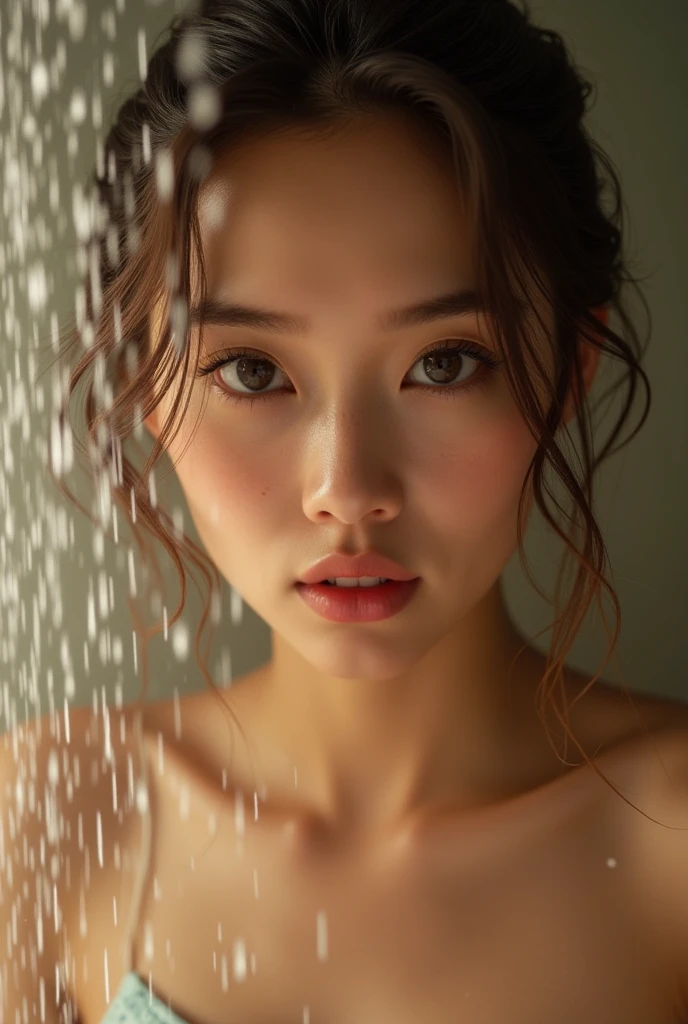 a beautiful detailed asian girl with long brown hair, short hair, smiling, standing in a shower, wet clothes, photorealistic, extremely detailed, 4k, realistic, (best quality,4k,8k,highres,masterpiece:1.2),ultra-detailed,(realistic,photorealistic,photo-realistic:1.37),studio lighting,ultra-fine painting,physically-based rendering,extreme detail description,professional,vivid colors,bokeh