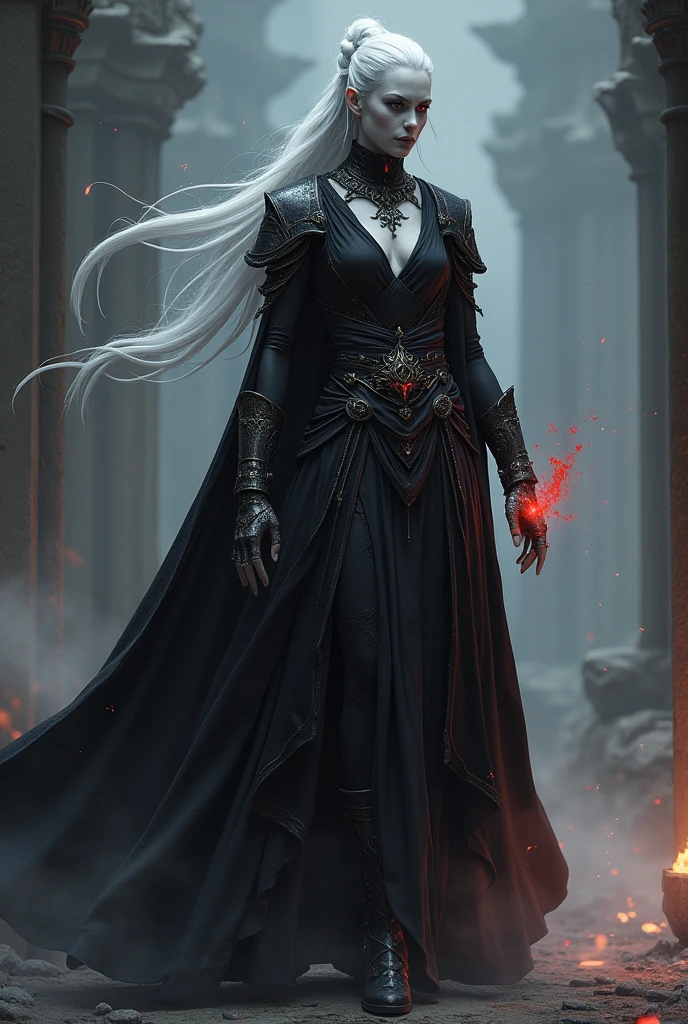 Physical Features: Sylara is a tall, slender Dunmer with ashen gray skin, typical of her race. Her eyes are a piercing red, symbolizing her connection to the dark arts, and her long white hair is often tied back in a loose braid.
Clothing: Wears a combination of enchanted robes and light armor. Prefers the Black Mage Robes for their sinister elegance, paired with Elven Boots and Gauntlets enchanted with Fortify Magicka and Fortify Stamina respectively. During rituals or combat, she dons the Diadem of the Savant for a boost to her magical abilities.