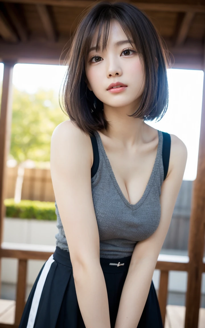 (8k、Live Action、RAW Photos、Highest quality、masterpiece:1.2),(Outdoor,Front lighting:1.2),((Perfect lighting)),(Long Bob Cut),Observe the audience,look up,Hug Pose, strong,erotic,1,student,White skin,knees,Absurd,Small face,前hairを真ん中から分けます、The forehead is visible,(Embarrassing,Squint your eyes,Glare,strong,skinny,skinny,Irritated)、masterpiece,Highest quality、Ultra-high resolution,One person, One personで,Close-up shot、cute、studentに戻る,(Sporty clothes:1.3,Team Color),high school girl,Japanese women,Are standing,(フォトGenuine:1.37)、Photon Mapping,Genuineistic、cuteSmall face,Brown eyes、prospect、Written boundary depth、Blurred Background、Genuine,(前hairが見える), hair, kneesが見える, thigh,(Nogizaka Idol), actress、Big and ample breasts、Cleavage、Super Fine、Low people々、(Skin with visible pores:1.2)、(Focus on the face)、8 heads、Natural Neck、Check and fix the skeleton