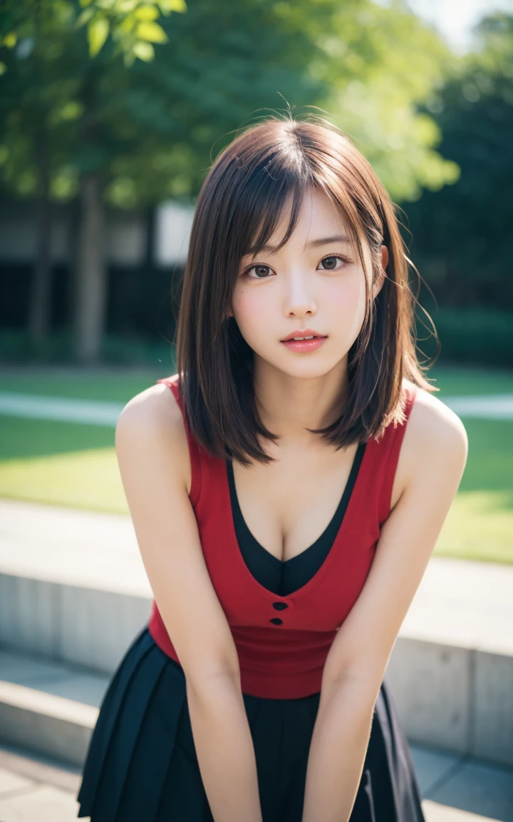 (8k、Live Action、RAW Photos、Highest quality、masterpiece:1.2),(Outdoor,Front lighting:1.2),((Perfect lighting)),(Long Bob Cut),Observe the audience,look up,Hug Pose, strong,erotic,1,student,White skin,knees,Absurd,Small face,前hairを真ん中から分けます、The forehead is visible,(Embarrassing,Squint your eyes,Glare,strong,skinny,skinny,Irritated)、masterpiece,Highest quality、Ultra-high resolution,One person, One personで,Close-up shot、cute、studentに戻る,(Sporty clothes:1.3,Team Color),high school girl,Japanese women,Are standing,(フォトGenuine:1.37)、Photon Mapping,Genuineistic、cuteSmall face,Brown eyes、prospect、Written boundary depth、Blurred Background、Genuine,(前hairが見える), hair, kneesが見える, thigh,(Nogizaka Idol), actress、Big and ample breasts、Cleavage、Super Fine、Low people々、(Skin with visible pores:1.2)、(Focus on the face)、8 heads、Natural Neck、Check and fix the skeleton