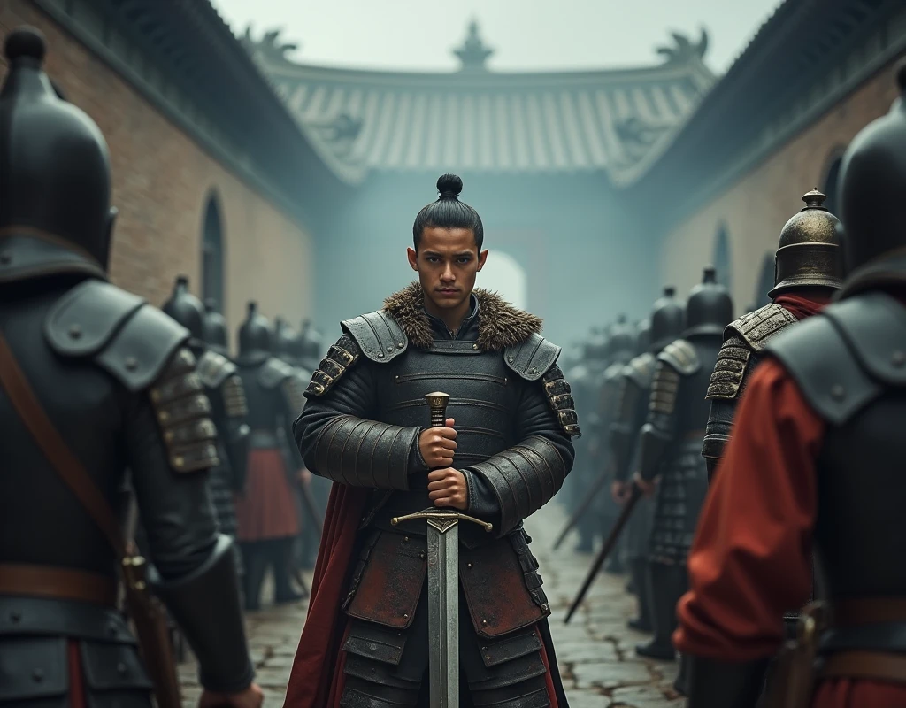 In an old Chinese temple,A young man with a determined look,Wearing leather armor,With a long sword in her hand,Surrounded by soldiers in armor,cloudy day,Background blur,Art Photography