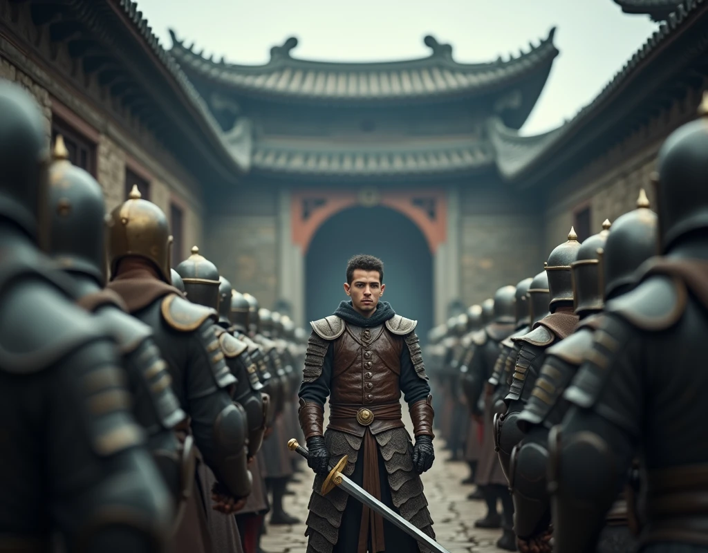 In an old Chinese temple，A young man with a determined look，Wearing leather armor，With a long sword in her hand，Surrounded by soldiers in armor，cloudy day，Background blur，Art Photography