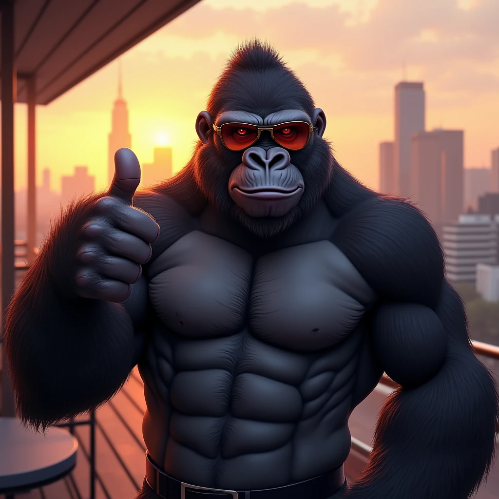 ぐーサインをするイケイケゴリラ: "Draw a lifelike, realistic image of a gorilla wearing mirrored sunglasses, flashing a confident thumbs-up. The gorilla's expression is cool and collected, with a slight smirk on its face. It’s wearing a fitted T-shirt that highlights its muscular build. The background is a trendy rooftop bar at sunset, with a city skyline in the distance, adding to the sophisticated yet relaxed vibe."