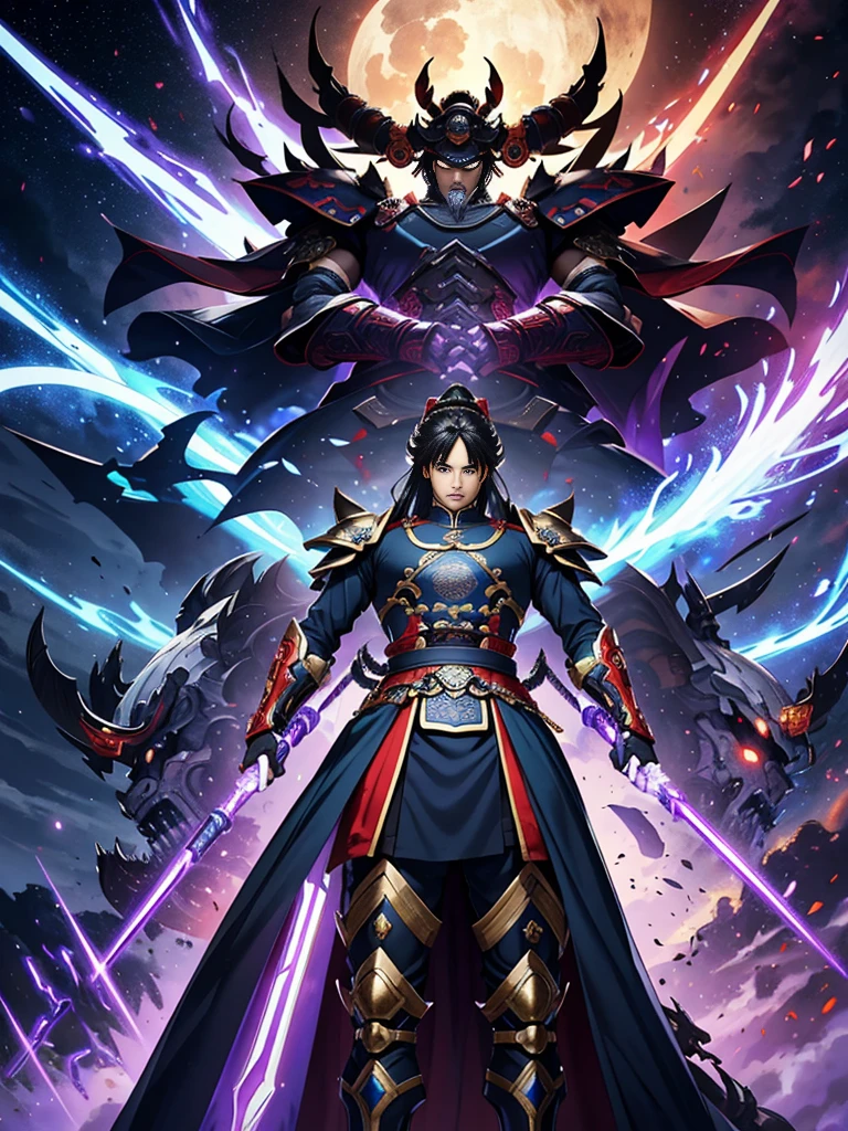 Take ultra-wide-angle photos, Full frontal photo,Mecha male warrior,สไตล์ฮีโร่สีThree Kingdoms: deep purple dress》,(《Three Kingdoms》,《Sima Yi》,magic weapon in hand ((Lu Bu's Revenge)),(Long spear),(Mechaทั้งตัว), Keqing from Genshin Impact, (Masterpiece) , best quality, High quality,black armor,light, (exquisite futuristic), beautiful and beautiful, very detailed, Great composition, floating, depth of field, (The CG is very detailed.,Harmony wallpaper 8K), (Beautiful detail background), Stunning light, Goghetta, Mecha,best quality,Ultra high resolution,