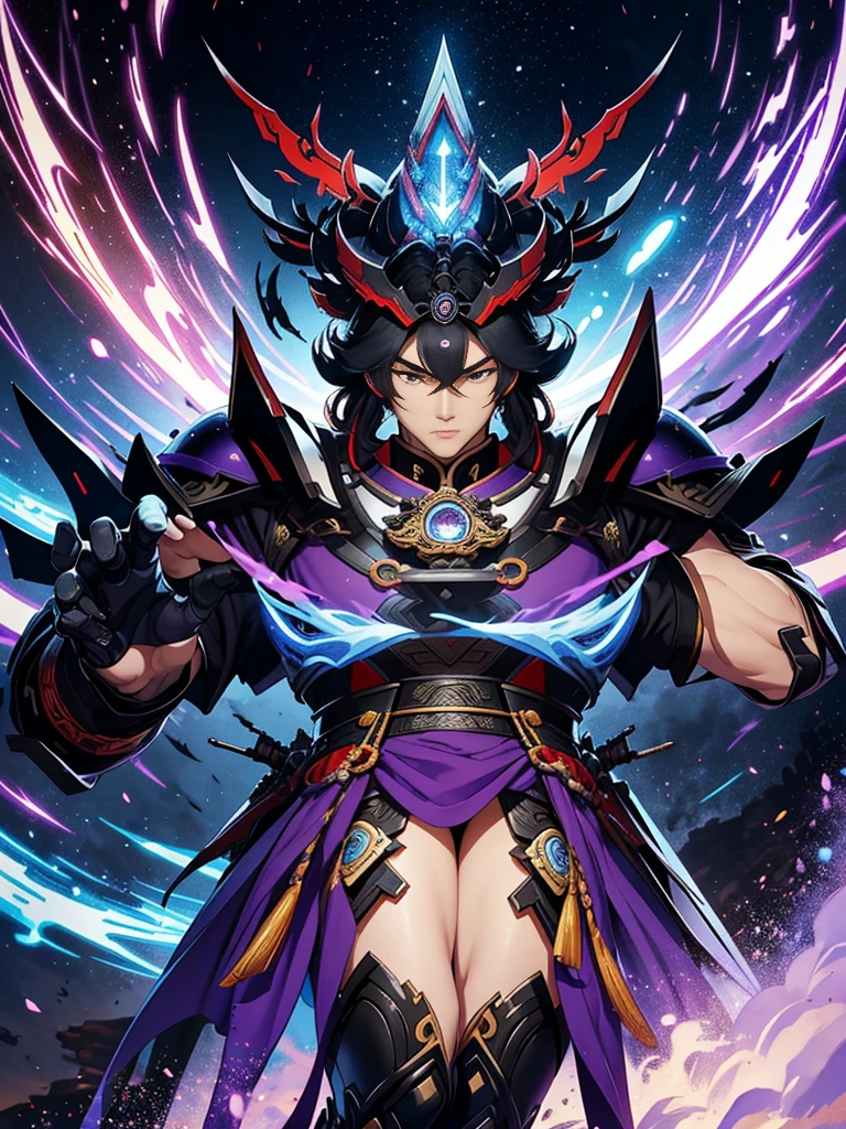 Take ultra-wide-angle photos, Full frontal photo,Mecha male warrior,สไตล์ฮีโร่สีThree Kingdoms: deep purple dress》,(《Three Kingdoms》,《Sima Yi》,magic weapon in hand ((Lu Bu's Revenge)),(Long spear),(Mechaทั้งตัว), Keqing from Genshin Impact, (Masterpiece) , best quality, High quality,black armor,light, (exquisite futuristic), beautiful and beautiful, very detailed, Great composition, floating, depth of field, (The CG is very detailed.,Harmony wallpaper 8K), (Beautiful detail background), Stunning light, Goghetta, Mecha,best quality,Ultra high resolution,