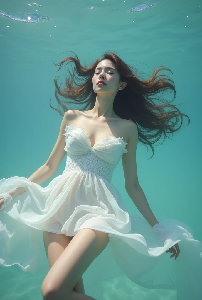 There is a woman in a white dress floating in the water, floating underwater, floating drowned, floating in water, female floating, underwaterphotograph, Portrait of a woman underwater, she is floating in the air, dramatic floating pose, floating in perfume, underwater photo, elegant floating pose, underwaterphotograph, floating underwater in a lake, submerged in water,skin texture,8K,large breasts.