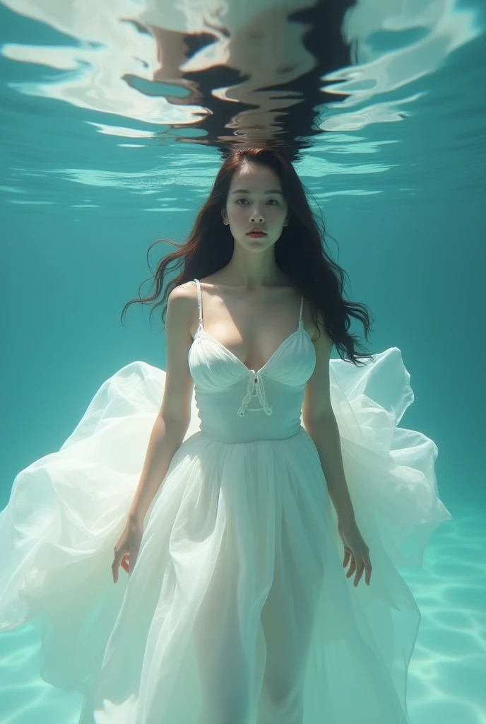 There is a woman in a white dress floating in the water, floating underwater, floating drowned, floating in water, female floating, underwaterphotograph, Portrait of a woman underwater, she is floating in the air, dramatic floating pose, floating in perfume, underwater photo, elegant floating pose, underwaterphotograph, floating underwater in a lake, submerged in water,skin texture,8K,large breasts.