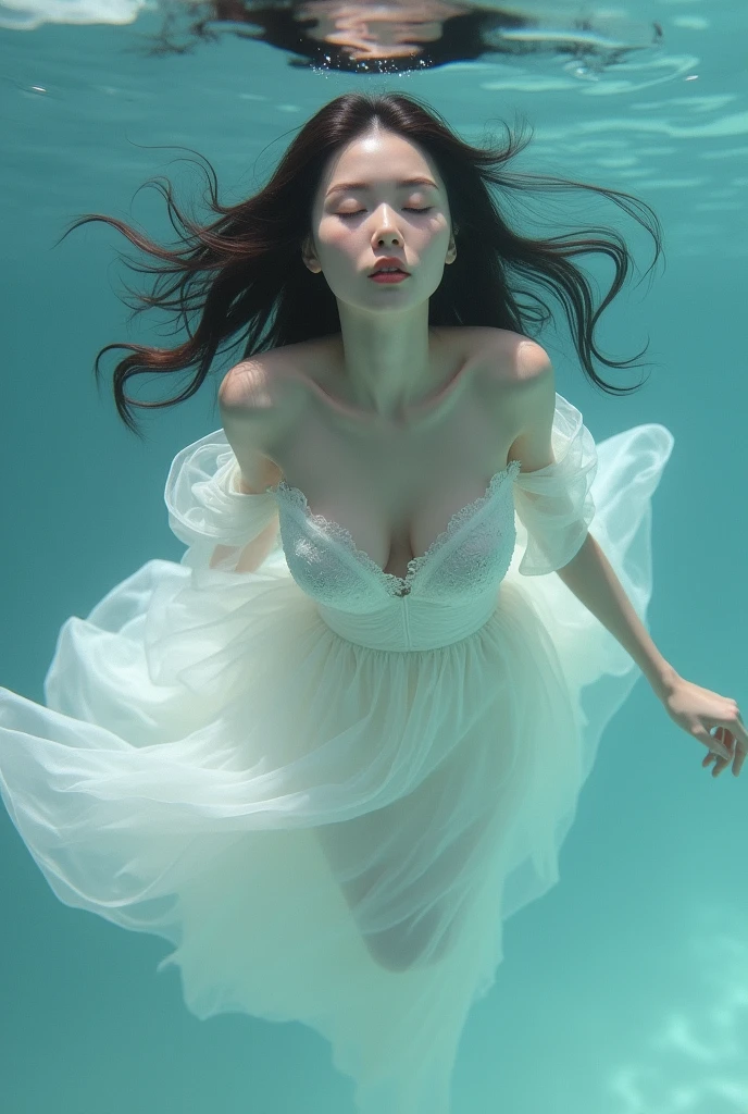 There is a woman in a white dress floating in the water, floating underwater, floating drowned, floating in water, female floating, underwaterphotograph, Portrait of a woman underwater, she is floating in the air, dramatic floating pose, floating in perfume, underwater photo, elegant floating pose, underwaterphotograph, floating underwater in a lake, submerged in water,skin texture,8K,large breasts.