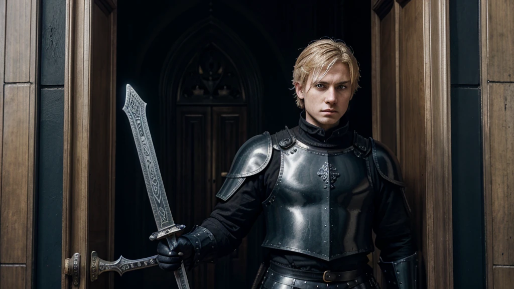 a simple guard in a gothic based theme, guarding a colossal metal palace door, holding a sword, wearing black armour with a hint of blue, blue eyes, with blonde short hair and no beard