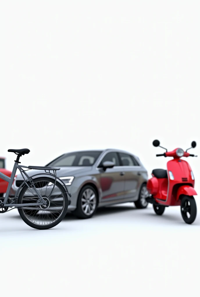 Generate 100 realistic image of bike, blur color car and red scooter which is used for advertisement in full white background.