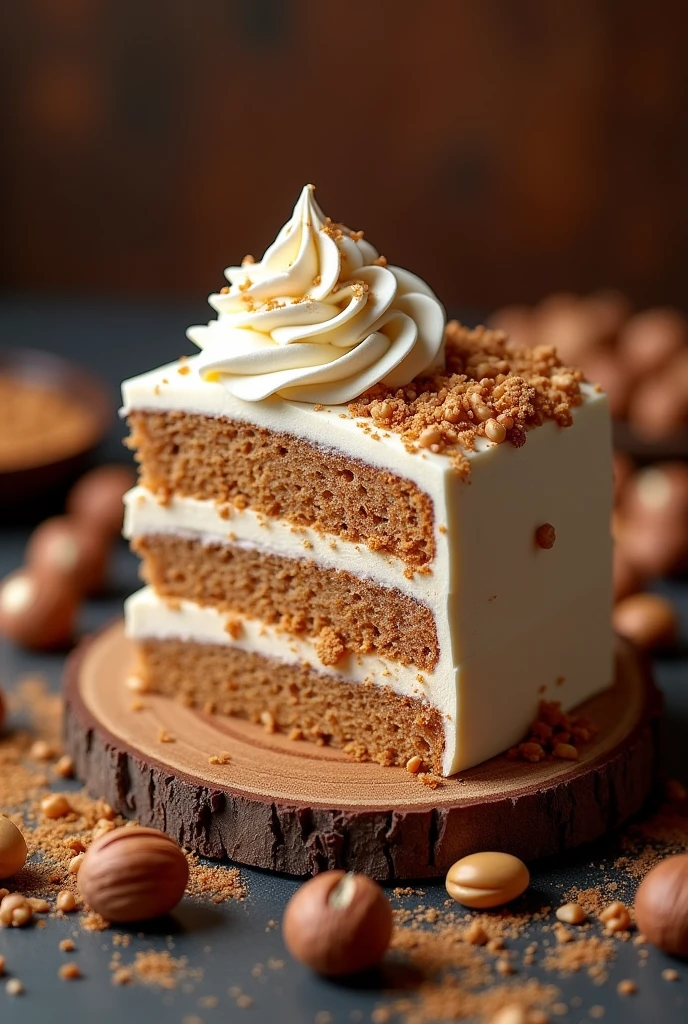 {Hazelnut Praline Coffee Cake} -- A luxurious hazelnut-flavored cake inspired by a hazelnut latte with praline. The cake features layers of moist hazelnut sponge, filled with a smooth coffee cream and crunchy praline. The entire cake is covered in a rich coffee buttercream, with a crown of whipped cream on top. The final touch is a drizzle of caramel and a sprinkle of crushed hazelnuts, adding both texture and flavor. The cake is presented on a rustic wooden board, surrounded by whole hazelnuts and pieces of praline, against a backdrop of warm, earthy tones, creating a cozy and inviting atmosphere. -- {photorealistic}, {high-resolution}, {warm and earthy tones}, {luxurious cake photography}, {natural light}, {Instagram aesthetic}, {gourmet dessert experience}, {hazelnut and coffee perfection}
