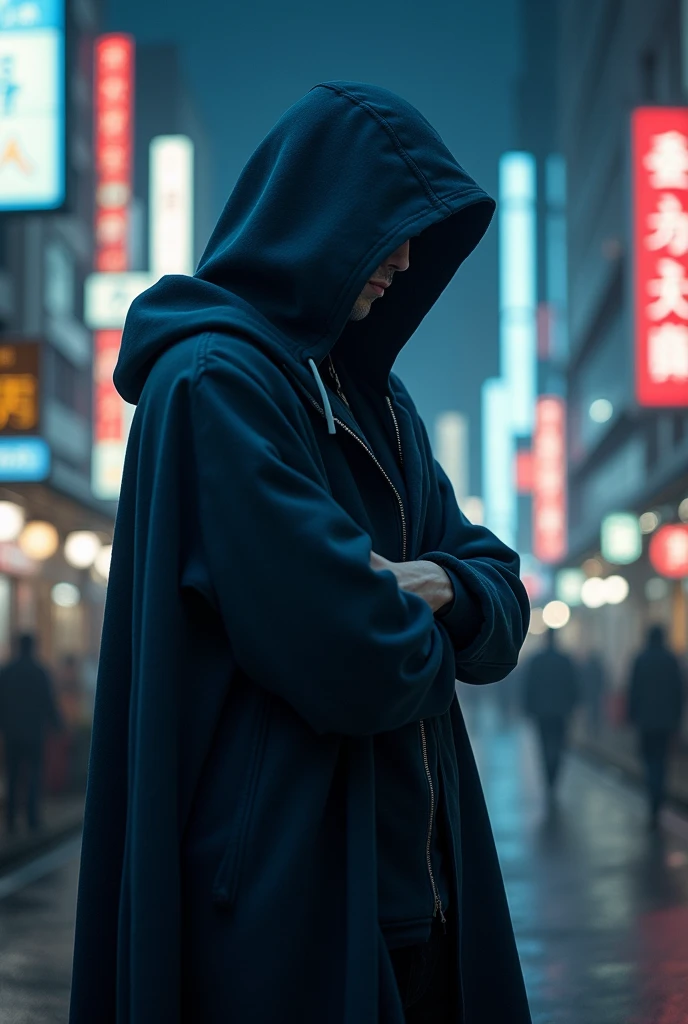 Blue hooded man standing on the street at night in tokyo folding is arms show his full body