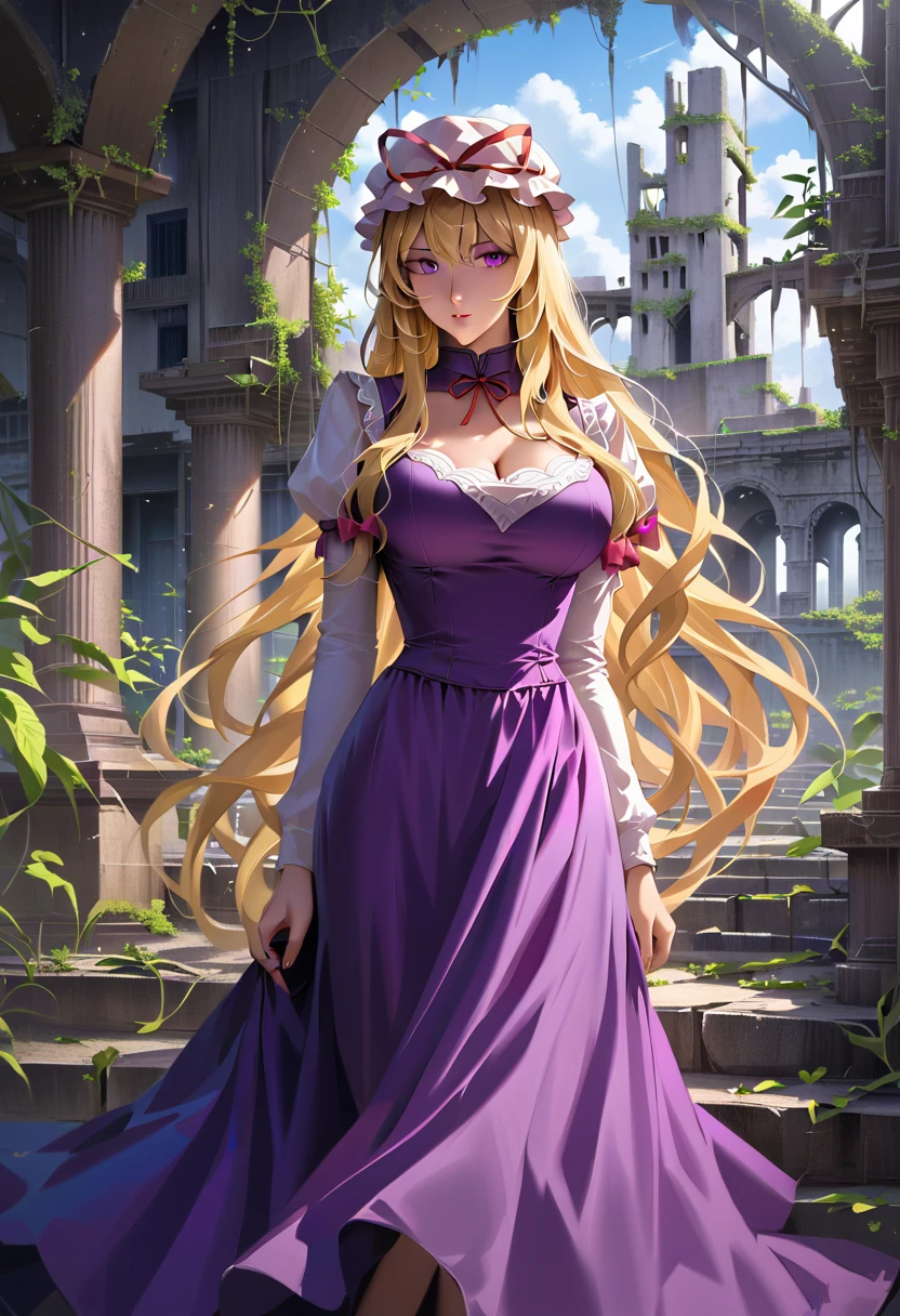 {yakumo_yukari_Touhou:1.15},Long shot of a girl standing in the ruins of a high-rise building,Ivy-covered ruins,(((Ruins of a big city)),((masterpiece, Highest quality, Extremely detailed CG, unity 8k wallpaper )),(masterpiece, Highest quality, Highest quality, Official Art, beautiful,aesthetic:1.2),Purple Dress,Long skirt,ribbon, hat, mob cap, hat ribbon, white headwear, bangs, breasts, hair between eyes, hair bow, large breasts, very long hair,(((Blonde))),Very colorful,Very vivid,High-precision images,Ultra-high resolution,unrealistic,beautiful顔,Perfect Face,Photorealistic Background,High resolution face,Detailed face,Ray Tracing