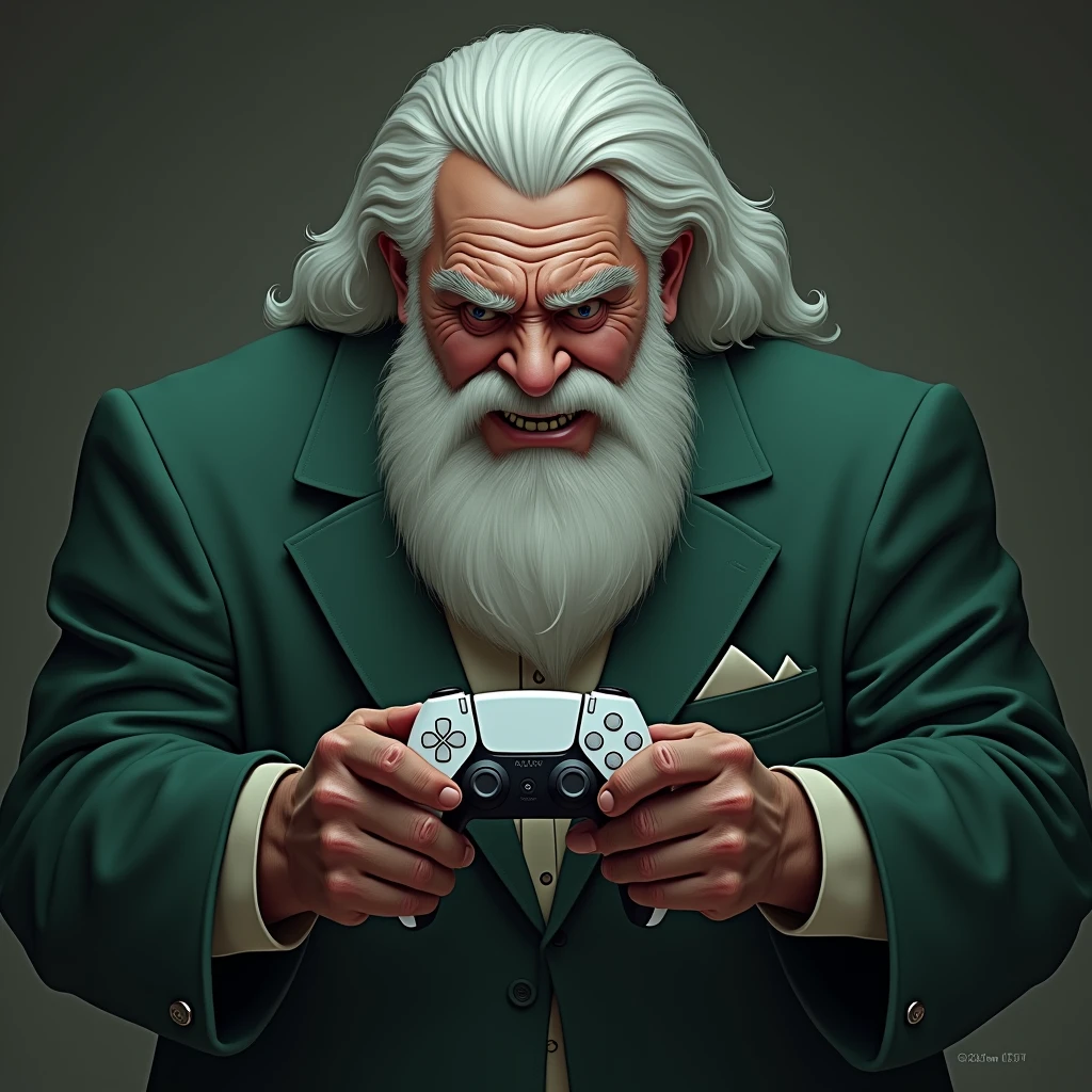 A 50 year old man, with the imposing appearance of a wise and powerful old man. He has white hair and beard, evoking the classical image of Zeus, which gives it an air of authority and grandeur. His physique is robust and muscular., showing remarkable strength. He wears a green suit that highlights his formidable presence.. With an expression of shock and fear on his face, holds the PlayStation 5 video game console in his hands, adopting a protective pose, as if he were safeguarding something unexpectedly valuable or facing a threat he had not anticipated..