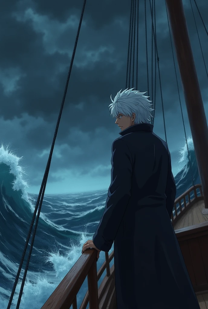 Sakata Gintoki from Gintama, boarded the ship,Hands holding the ship's barrier,stand at the end and looked at the sea.with feelings of sadness, resignation and a small smile challenging fate.There were ocean waves and whirlpools far ahead. And the ship headed there. The sky was a thick, heavy storm. Night time. A large pirate ship.The picture was taken from the back side. 