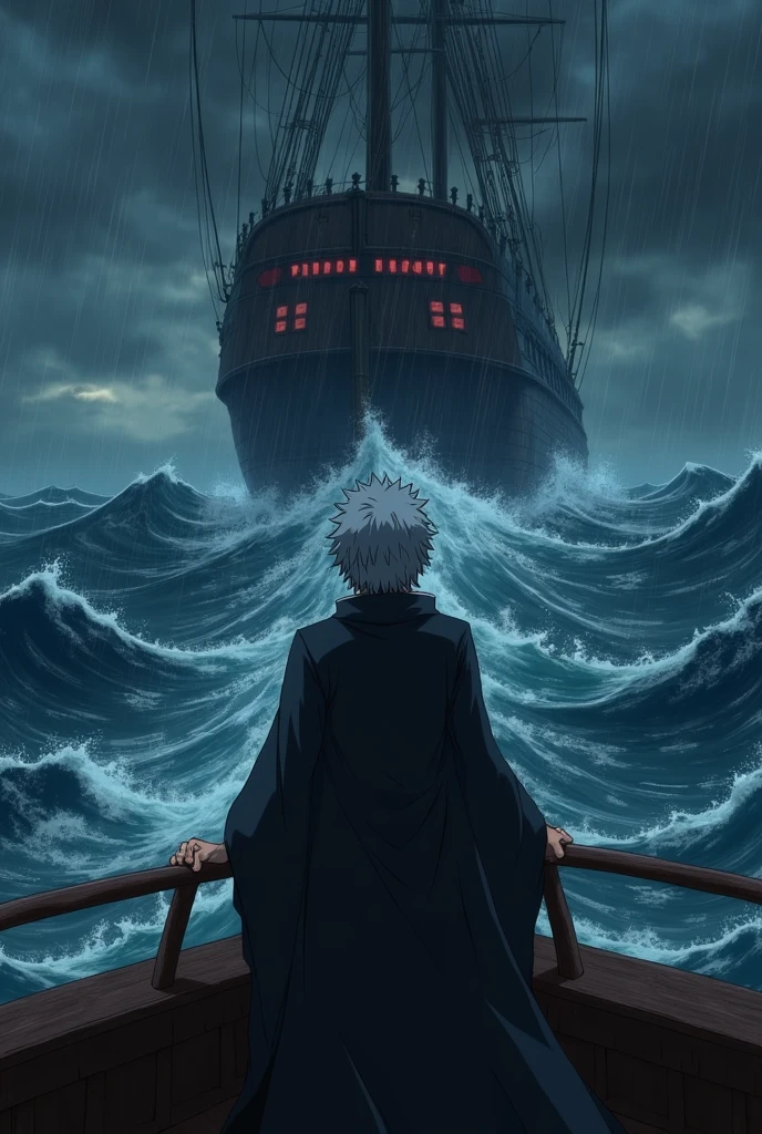 Sakata Gintoki from Gintama, boarded the ship,Hands holding the ship's barrier,stand at the end and looked at the sea.with feelings of sadness, resignation and a small smile challenging fate.There were ocean waves and whirlpools far ahead. And the ship headed there. The sky was a thick, heavy storm. Night time. A large pirate ship.The picture was taken from the back side.