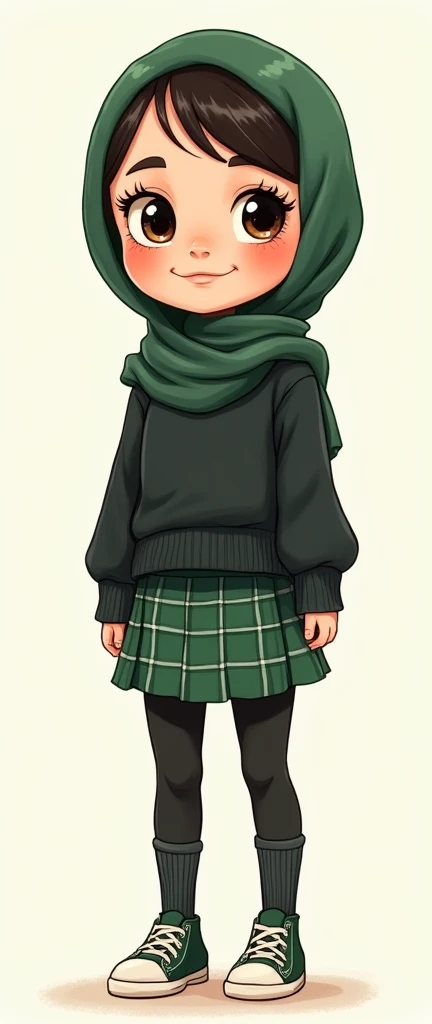 Cartoon with text: 
(Masterpiece, best quality, 4k, expressive eyes, perfect face), cute and adorable girl, little cartoon girl, (beautiful face, detailed eyes), wearing green hijab, (flat style,, hand drawn style, 2d style, Cartoon artstyle, toon style), (tight black turtleneck sweater, green plaid skirt, black pantyhose, loose black socks, long sneakers, (full body view, funny pose)